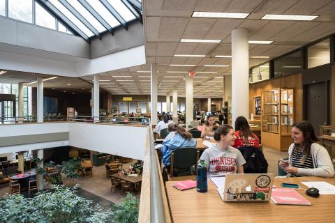 Students working in the atrium of Denison University's Doane Library
