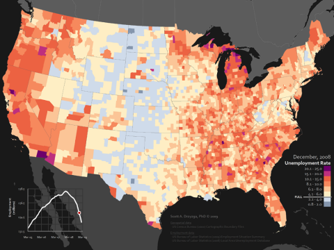 A digital map depicting US unemployment rates by county